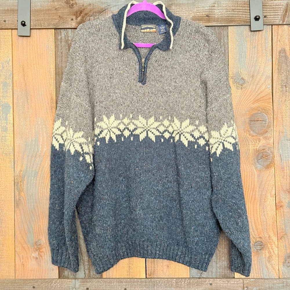 Vintage High Sierra Mens XL Quarter Zip Sweater Blue Gray Fair Isle Wool Blend‎